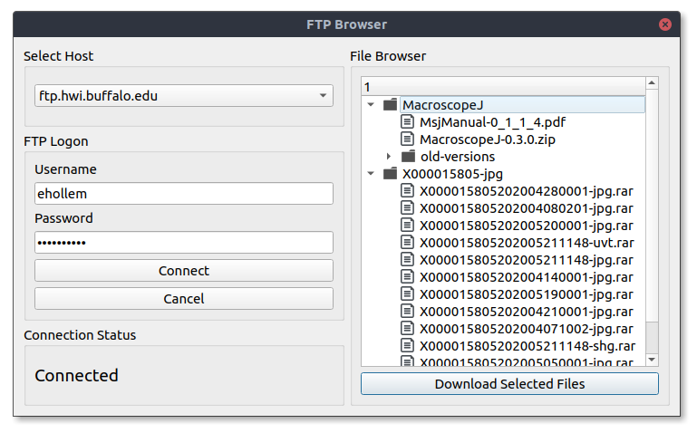 Image of the built in FTP browser showing available files.
